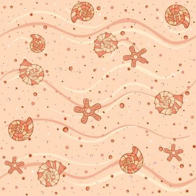 Cute, nautilus seashells and starfish on beach sand seamless pattern. Great for Spring or Summer fabric, scrap-booking, gift-wrap, wallpaper, product design product design. Surface design. Vector