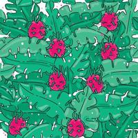 Cute pink dragon fruit, pitaya, seamless pattern with jungle leaves. Great for Spring or Summer fabric, scrap-booking, gift-wrap, wallpaper, product design projects. Surface design. Vector