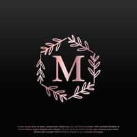 Elegant M Letter Hexagon Floral Logo with Creative Elegant Leaf Monogram Branch Line and Pink Black Color. Usable for Business, Fashion, Cosmetics, Spa, Science, Medical and Nature Logos. vector