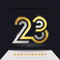 Celebración del aniversario de 23 años con varias líneas vinculadas de color dorado y plateado para eventos de celebración, bodas, tarjetas de felicitación e invitaciones aisladas en un fondo oscuro vector