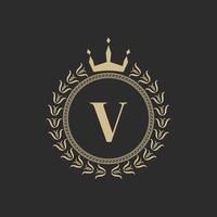 Initial Letter V Heraldic Royal Frame with Crown and Laurel Wreath. Simple Classic Emblem. Round Composition. Graphics Style. Art Elements for Logo Design Vector Illustration