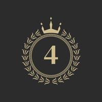 Number 4 Heraldic Royal Frame with Crown and Laurel Wreath. Simple Classic Emblem. Round Composition. Graphics Style. Art Elements for Logo Design Vector Illustration