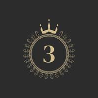 Number 3 Heraldic Royal Frame with Crown and Laurel Wreath. Simple Classic Emblem. Round Composition. Graphics Style. Art Elements for Logo Design Vector Illustration