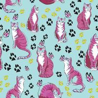 Seamless vect pattern with pink cats in different poses and animal footprints on blue background. Great for textile, wallpaper, wrapping paper, packaging design. vector