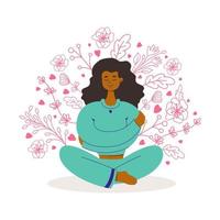 mujer negra sonriente abrazándose y sentada, alrededor de las plantas. ámate a ti mismo, autocuidado, cuidado del cuerpo, autoaceptación, concepto positivo. dibujado a mano vector ilustración de dibujos animados plana