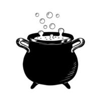 Witch cauldron with bubbling brew. Sketch of witchcraft potion. Halloween symbol. Isolated vector illustration