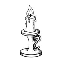 Burning candle in vintage candlestick. Hand drawn isolated vector illustration