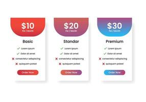 conjunto de lista de precios web con diferentes colores degradados vector de diseño de interfaz de usuario premium