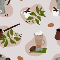 Seamless pattern with coffee drinks, barista tools, coffee beans vector