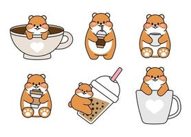 Set of cute drawn hamsters. Kawaii hamster in a big mug of coffee tea. Collection of avatars mascots funny character animal stickers isolated on white background. Vector stock illustration