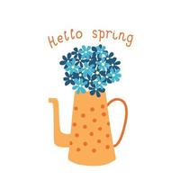 Teapot with flowers vector illustration. Hello spring greeting card with text. Watering can with bouquet.