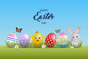 happy easter background with colorful eggs, flowers and butterflies vector