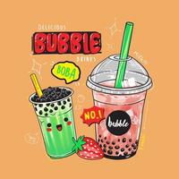 cartel de pancarta de té de burbujas. té de burbujas con batido de frutas y bayas en vasos de plástico. ideal para volantes, carteles, tarjetas. ilustración vectorial
