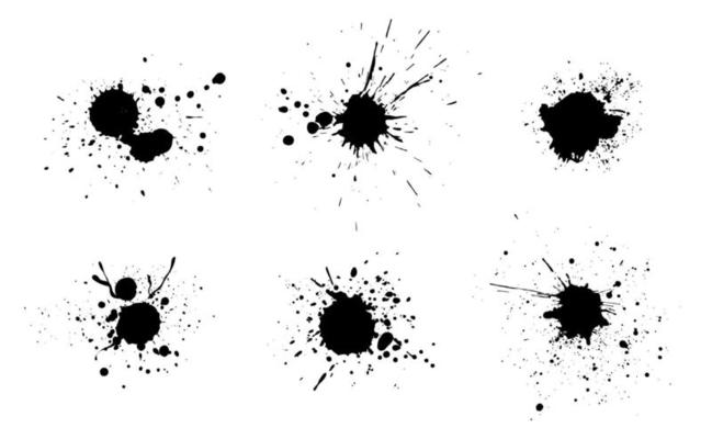 Black ink splatter. Vector watercolor paint brush texture. Ink splash and stain set
