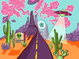 Trippy and psychedelic artwork of desert landscape from area 51. Surreal illustration of an alien and UFO invasion with cactuses, mountains and pink smokey clouds. vector