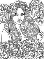 Asian Flower Girl Coloring Page for Adults vector