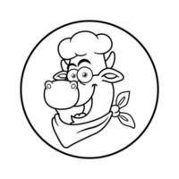 logotipo de mascota de cara de chef de vaca de dibujos animados en blanco y negro vector