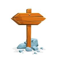 Wooden signpost with stones with empty space for text. Set of a cartoon of wooden signs of various forms standing on the rocks. Vector illustration.