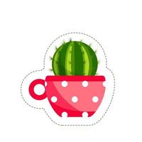 Sticker Cacti and succulent plants in flower pots. Vector sticker set of cute green cacti and succulents in pots. Collection of houseplants in pots. Isolated on white background