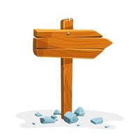 Wooden signpost with stones with empty space for text. Set of a cartoon of wooden signs of various forms standing on the rocks. Vector illustration.