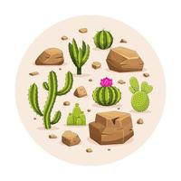 plantas de cactus del desierto en forma de círculo aisladas en ilustración blanca, vector dibujado a mano. cactus y piedras. vector del desierto circular. boceto de paisaje occidental redondo con cactus, puesta de sol y rocas