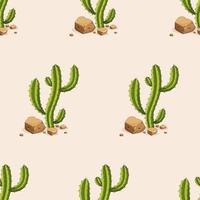 Seamless pattern cactus and stones with vector green cactus and succulents. Desert-themed seamless pattern with cactus and flowers. Vector illustration