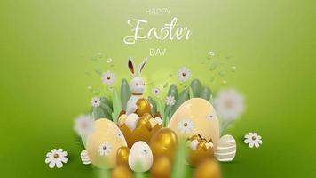 3d realistic bunny with gold easter egg elements with flower and leaf decorations. vector