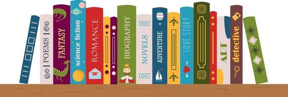 Bookshelf with books. Biography, adventure, novel, poem, fantasy, love story, detective, art, romance.  Banner for library, book store. Genre of literature. Vector illustration in flat style.