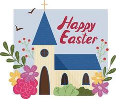 Easter. Vector illustration of a temple surrounded by flowers.