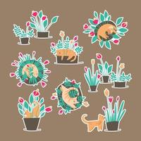 Stickers with naughty cats and potted flowers vector