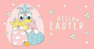 Happy Easter greeting, group of Three cute happy funny Gnome bunny ears pastel on Easer eggs, elf cartoon drawing outline vector, happy holidays banner vector