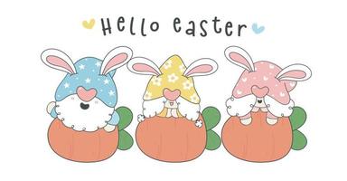 Hello Easter Gnomes greeting card printable, Four cute happy funny Gnome pastel on carrot, elf cartoon drawing outline vector banner