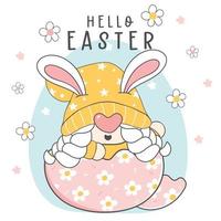 Happy Easter greeting, cute happy Gnome bunny ears pastel in broken Easer eggshell, elf cartoon drawing outline vector, happy holidays banner vector