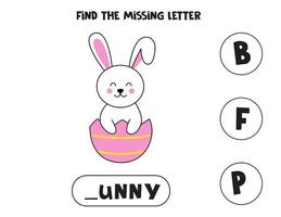 Find missing letter with cute Easter rabbit. Spelling worksheet. vector