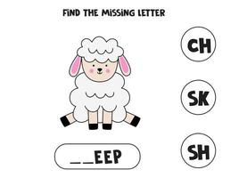 Find missing letter with cute Easter sheep. Spelling worksheet. vector