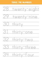 Tracing numbers from 28 to 34. Writing practice. vector