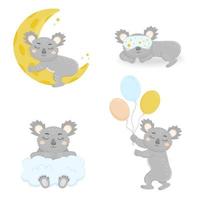 decorado con un koala dormido. ilustración vectorial de lindo koala para niños. koala durmiendo en la luna, vuela en globo, se sienta en una nube, duerme con una máscara para dormir. vector