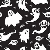 Cute ghost boo holiday character seamless pattern flat style design vector illustration set isolated on dark background.