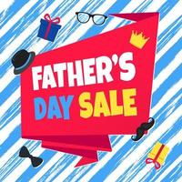 Father's day sale concept template flat style design vector illustration with big ribbon, text typography, gift boxes, hat, golden crown, mustaches, tie bow eye glasses and funny background.