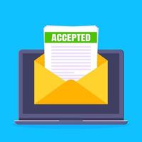 College or university acceptance letter with laptop screen, open envelope document email. vector