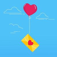 Love symbol - the heart in the envelope without text flies with balloonflat style design vector illustration isolated on light blue background. Love letter for Valentine's day.