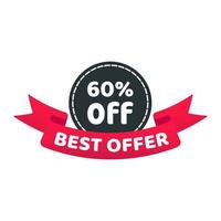 Best offer 60 off ribbon badge sale label concept template vector illustration isolated on white background. Web banners elements for website and advertising. Discount ribbon label design.