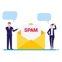 Businessmen talking near envelope with spam message flat style design vector illustration. Warning and hacking security symbols composition. Isolated on white background.