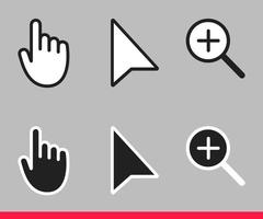 flecha en blanco y negro, mano y lupa iconos de cursor de ratón sin píxeles conjunto de ilustraciones vectoriales vector