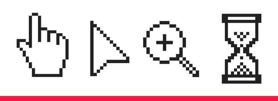 flecha de píxeles en blanco y negro, mano, lupa y iconos de cursor de ratón de píxeles de reloj de arena ilustración vectorial. vector