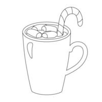 Christmas mug with cocoa, marshmallows and sugar cane, coloring book for children. Vector festive linear illustration.