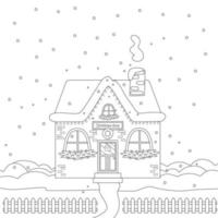 Christmas shop with gifts and fir trees on a snowy street coloring book for children. Festive vector linear illustration for creativity.