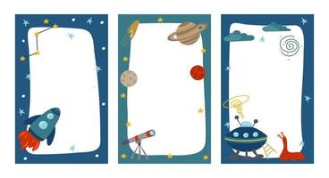 conjunto de postales espaciales para una fiesta, invitaciones de cumpleaños temáticas. diseño colorido para vacaciones con cohetes, extraterrestres, planetas, constelaciones, estrellas. vector