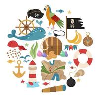 Pirate set of elements arranged in the shape of a circle. Flag, coins, saber, jewelry, map, fish, whale, lighthouse. Vector illustration of sea voyages and treasure hunting.