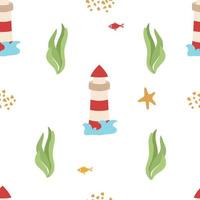 Seamless marine pattern with a lighthouse, sand and algae on a white background. Vector illustration of sea voyages for printing on paper or fabric, packaging